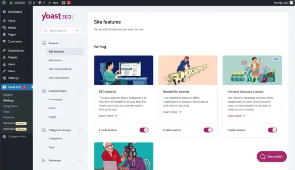Panel Yoast SEO z opcjami darmowe widgety: analiza SEO, czytelności i języka inkluzywnego.