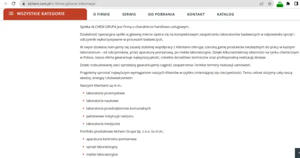 Opis firmy ALCHEM GRUPA: kompleksowe zaopatrzenie laboratoriów w sprzęt, odczynniki i meble. Oferta dla laboratoriów przemysłowych, naukowych, medycznych.